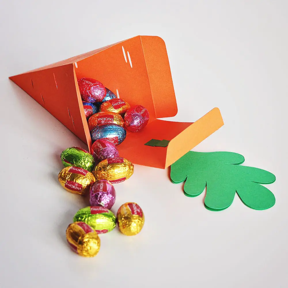 DIY Easter carrot treat box with mini chocolate eggs inside
