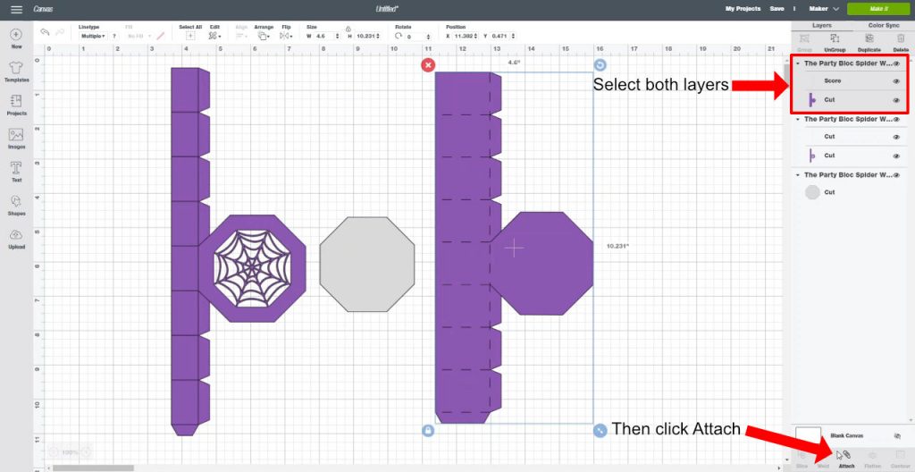 Select the score line layer and the shape later and click the Attach button