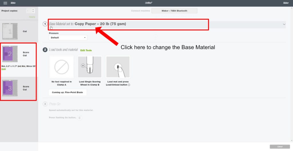 opening the material selection options menu in Cricut Design Space