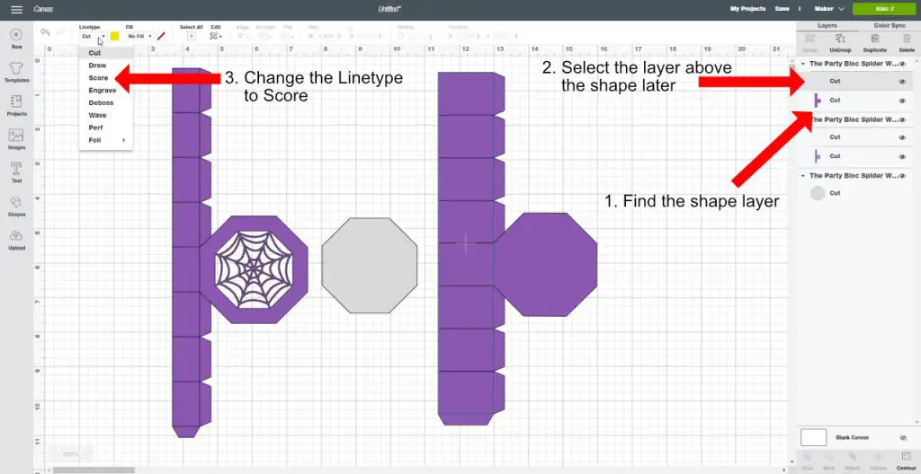 select the score line layers and change the linetype from "cut" to "score"