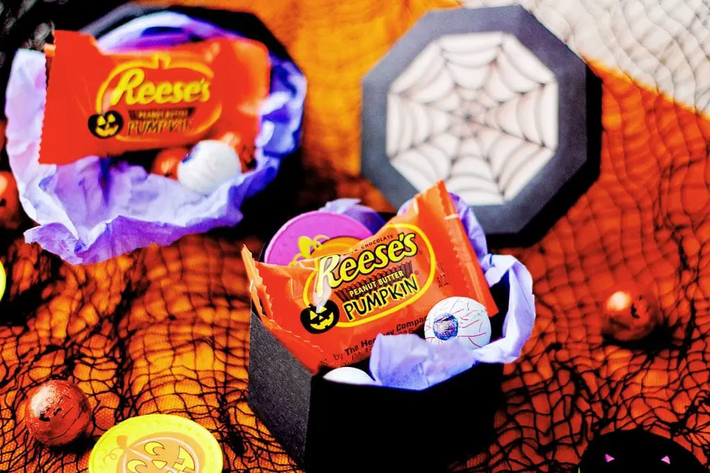 two black spiderweb treat boxes filled with chocolate Halloween treats